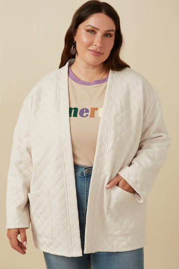 HY7678 Ivory Womens Quilt Textured Open Padded Cardigan Front